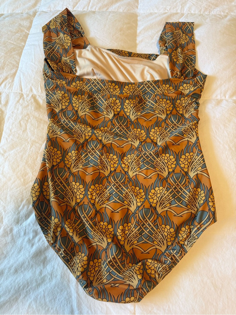 Off-Shoulder Ruched One-Piece Swimsuit in Rust Print - Picture 3 of 3